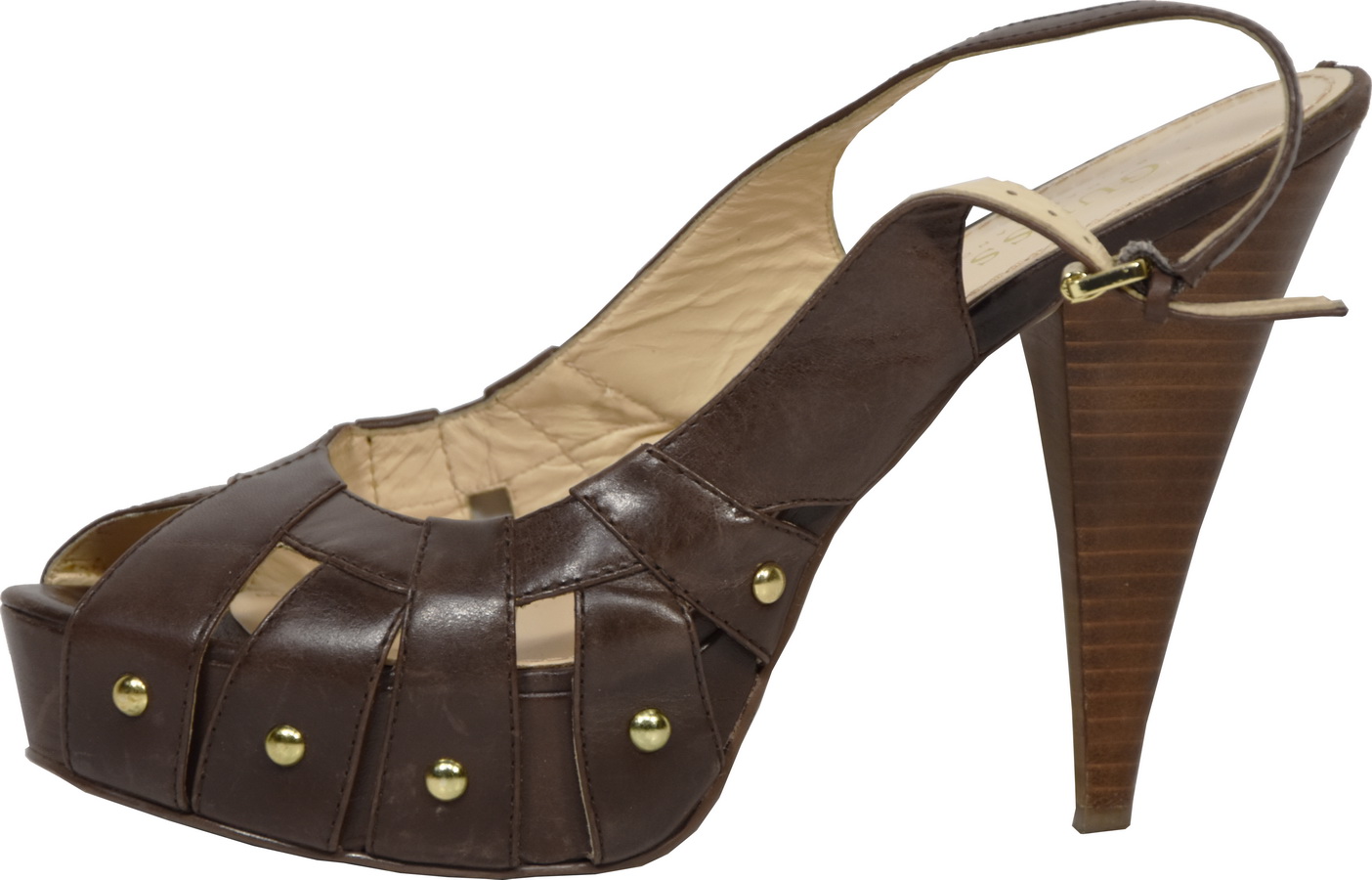 S019 GUESS SANDALES A TALON CUIR MARRON T.39 UK 6 VALEUR 140 S019 GUESS SANDALES A TALON CUIR MARRON T.39 UK 6 VALEUR 140